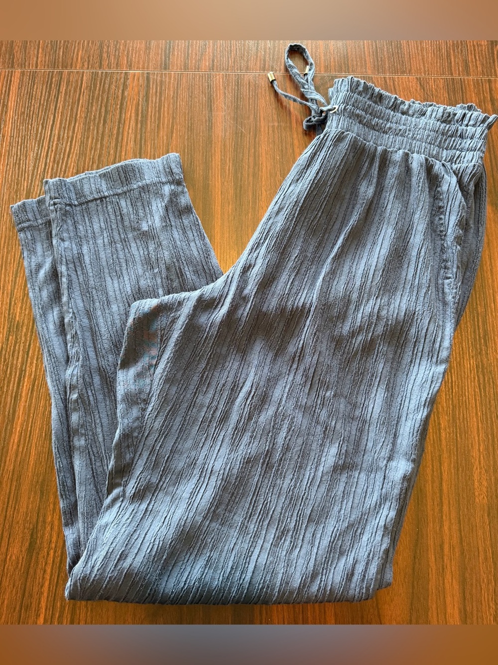 SOHO Apparel Women’s Blue Crinkle Gauze Pants Smocked Waist Drawstring Size M